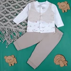 Baby Moo Chequered Gentleman's Long Sleeve 2pcs Baby Suit - Beige