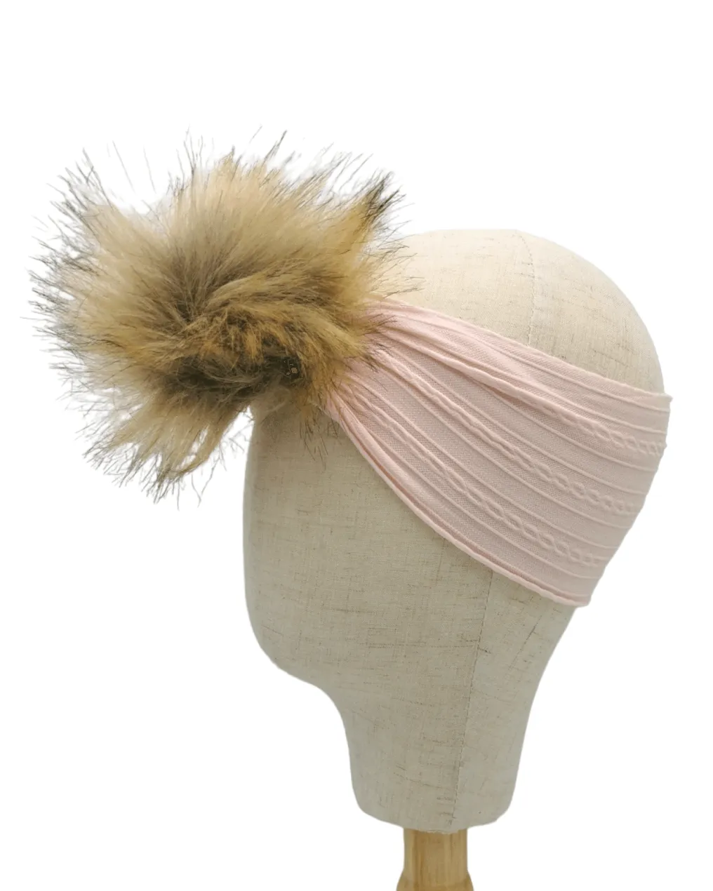 Light Pink Faux Fur Pom Cable Knit Headband