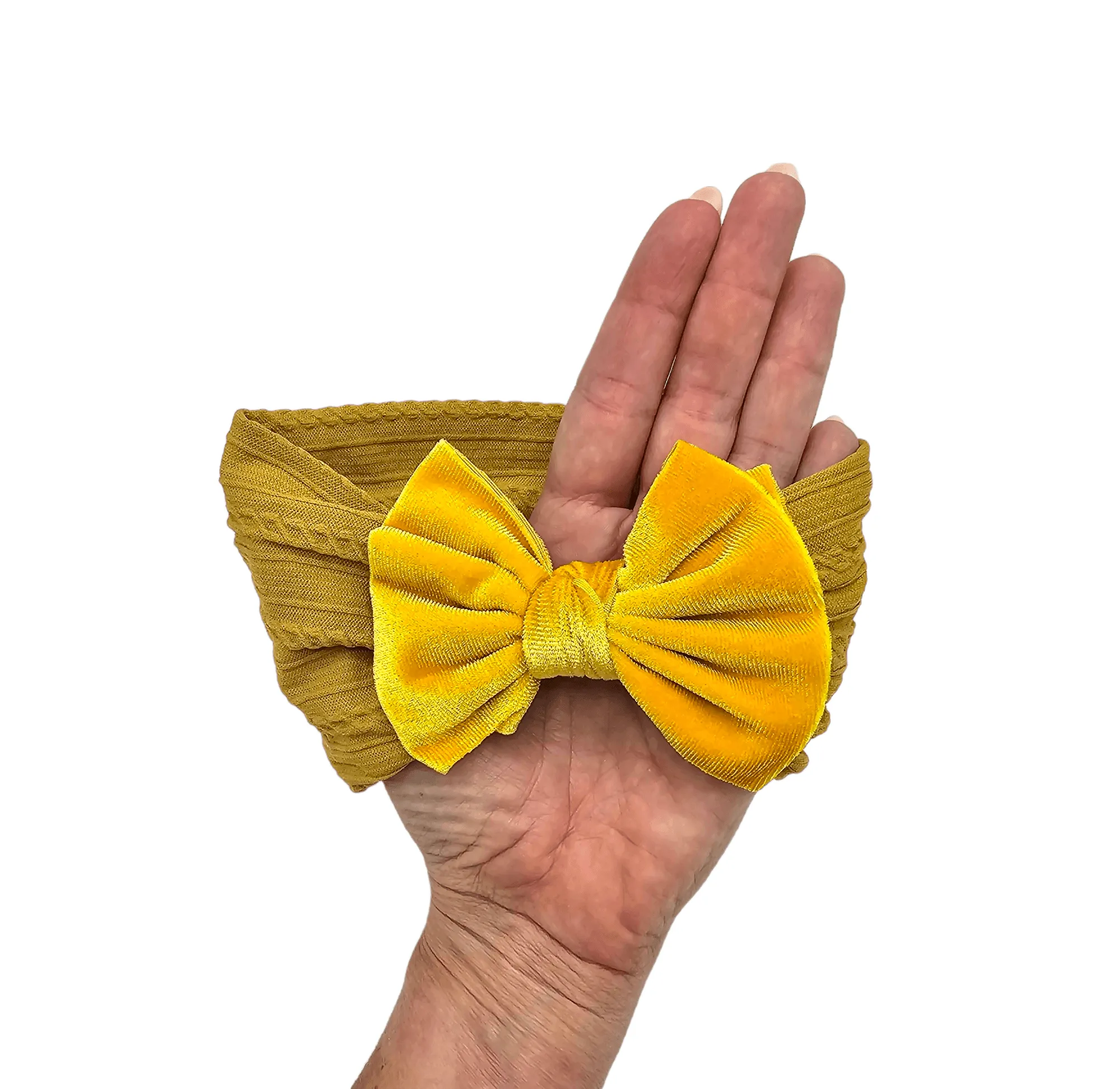 Mustard Yellow Velvet Smaller Bow Cable Knit Headband