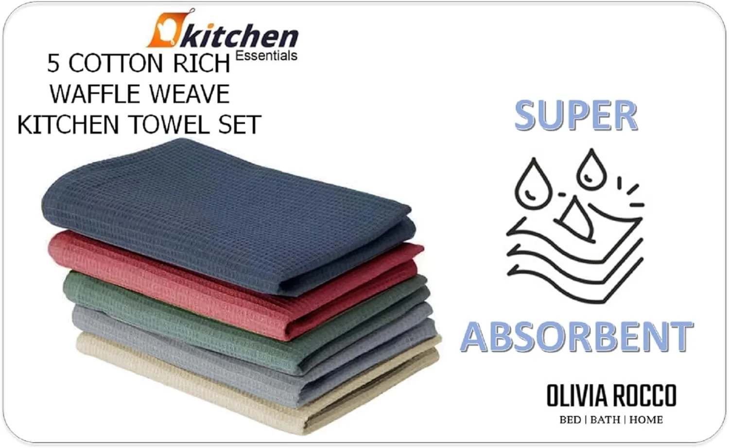 Pack of 5 Ultra Absorbent Waffle Kitchen Tea Towels High-Quality Soft Cotton Assorted Colours Durable for Home and Catering Use by OLIVIA ROCCO