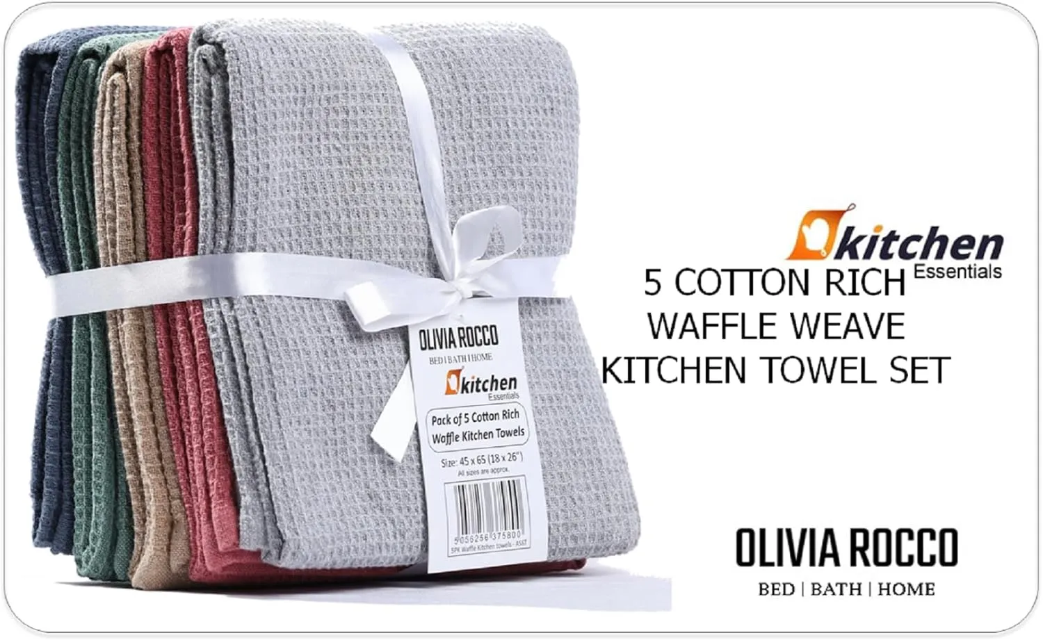 Pack of 5 Ultra Absorbent Waffle Kitchen Tea Towels High-Quality Soft Cotton Assorted Colours Durable for Home and Catering Use by OLIVIA ROCCO