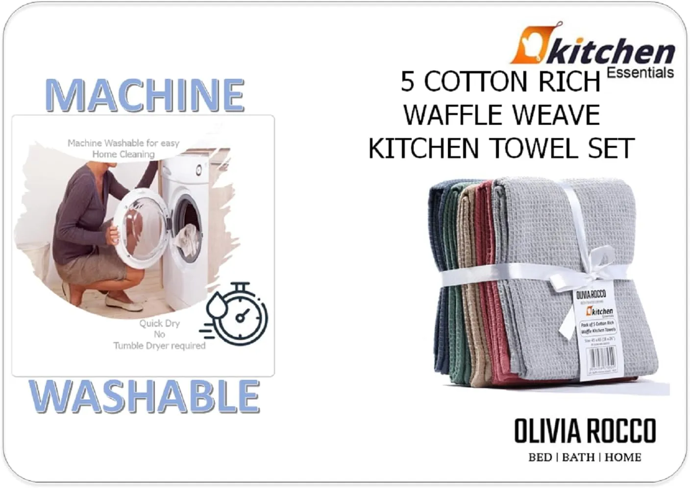 Pack of 5 Ultra Absorbent Waffle Kitchen Tea Towels High-Quality Soft Cotton Assorted Colours Durable for Home and Catering Use by OLIVIA ROCCO