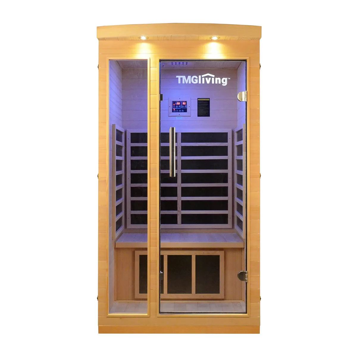 TMG LIVING 1-2 Person Indoor FAR Infrared Sauna Room, Natural Canadian Hemlock, Bluetooth Speakers, Tempered Glass Door, TMG-LSN10